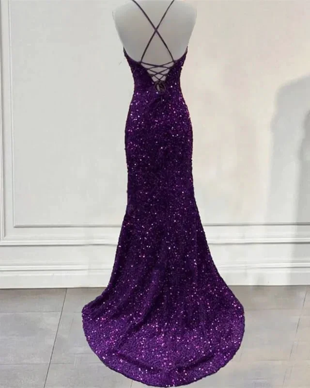 Dark Purple Prom Dress Sequin Mermaid Formal Evening Dress With Split Y5639