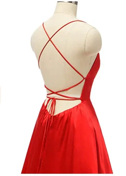 Red Satin Long Prom Gown Front Slit Evening Dresses Floor Length Prom Dresses S26169