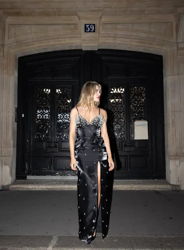 Charming Black Satin Beaded Slit Prom Dress Spaghetti Straps Sheath Evening Gown Y8229