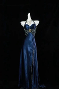 Gorgeous Halter Satin Beaded Slit Evening Dress Formal Party Prom Dress Y7927