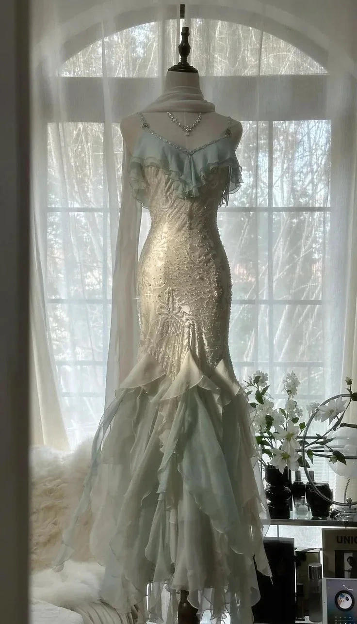 Classy Mint Green Temperament Mermaid Spaghetti Strap Chiffon Beaded Evening Dress Formal Prom Dress Y8546