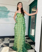 Strapless High-Waist Ruffle Tiered Long Prom Dress with Bow