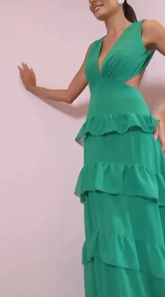 Emerald Green Deep V Neck Layered Ruffles Evening Dress Backless Long Prom Dress Y8386