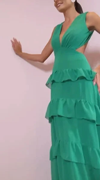 Emerald Green Deep V Neck Layered Ruffles Evening Dress Backless Long Prom Dress Y8386