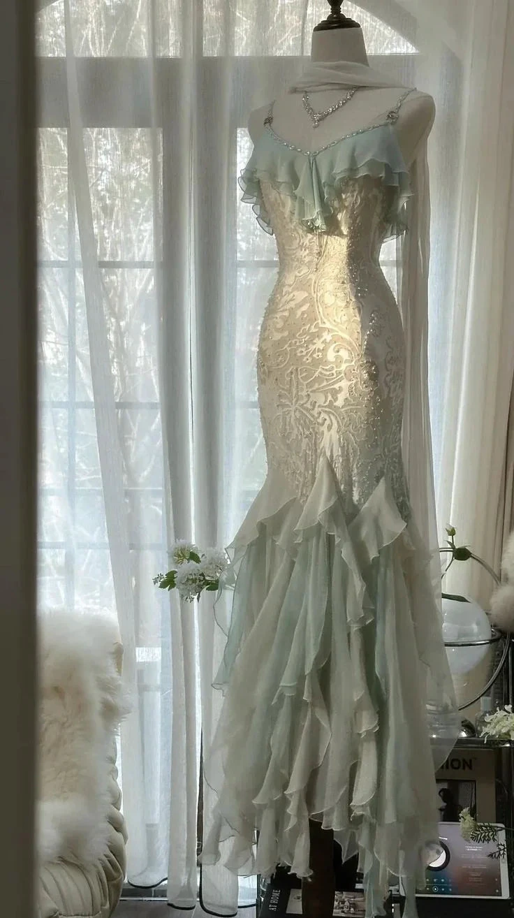 Classy Mint Green Temperament Mermaid Spaghetti Strap Chiffon Beaded Evening Dress Formal Prom Dress Y8546