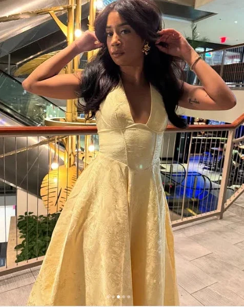 Sexy Halter Deep V Evening Dress Yellow Satin Print Prom Dress Y8249