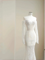 Romantic White Lace Appliques Tulle Sequin Mermaid Prom Dress Off Shoulder Evening Dress Y8663