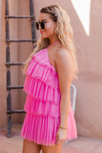 Layer Hem Backless Mesh Overlay Halter Dress Pink Homecoming Dress Y2569