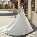 Elegant Wedding Dresses For Woman Vestidos De Novia V Neck Lace Long Sleeves Satin Bridal Gown Illusion Back Bride