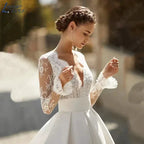 Elegant Wedding Dresses For Woman Vestidos De Novia V Neck Lace Long Sleeves Satin Bridal Gown Illusion Back Bride