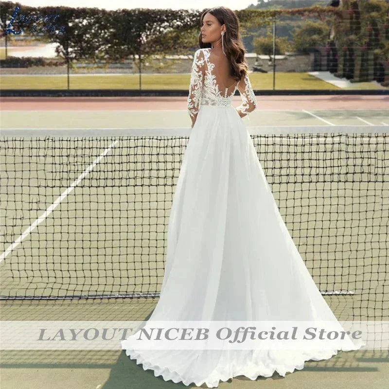 Lace Wedding Dresses Women Chiffon Boho Appliques Bridal Gowns Half Sleeve Beach Vestidos De Novia Casamento Civil