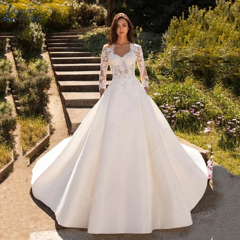 Wedding Dresses For Woman Lace Half Sleeves Luxury Satin Bridal Gown Illusion Appliqued Bride Vestidos De Boda 2023