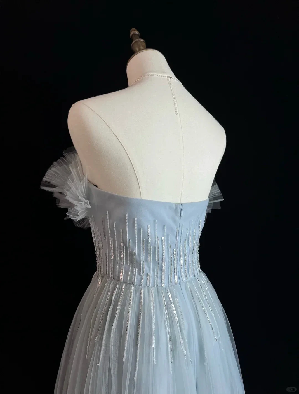 Elegant Blue Tulle Sequins Beaded ALine Prom Dress Evening Dress Y8646