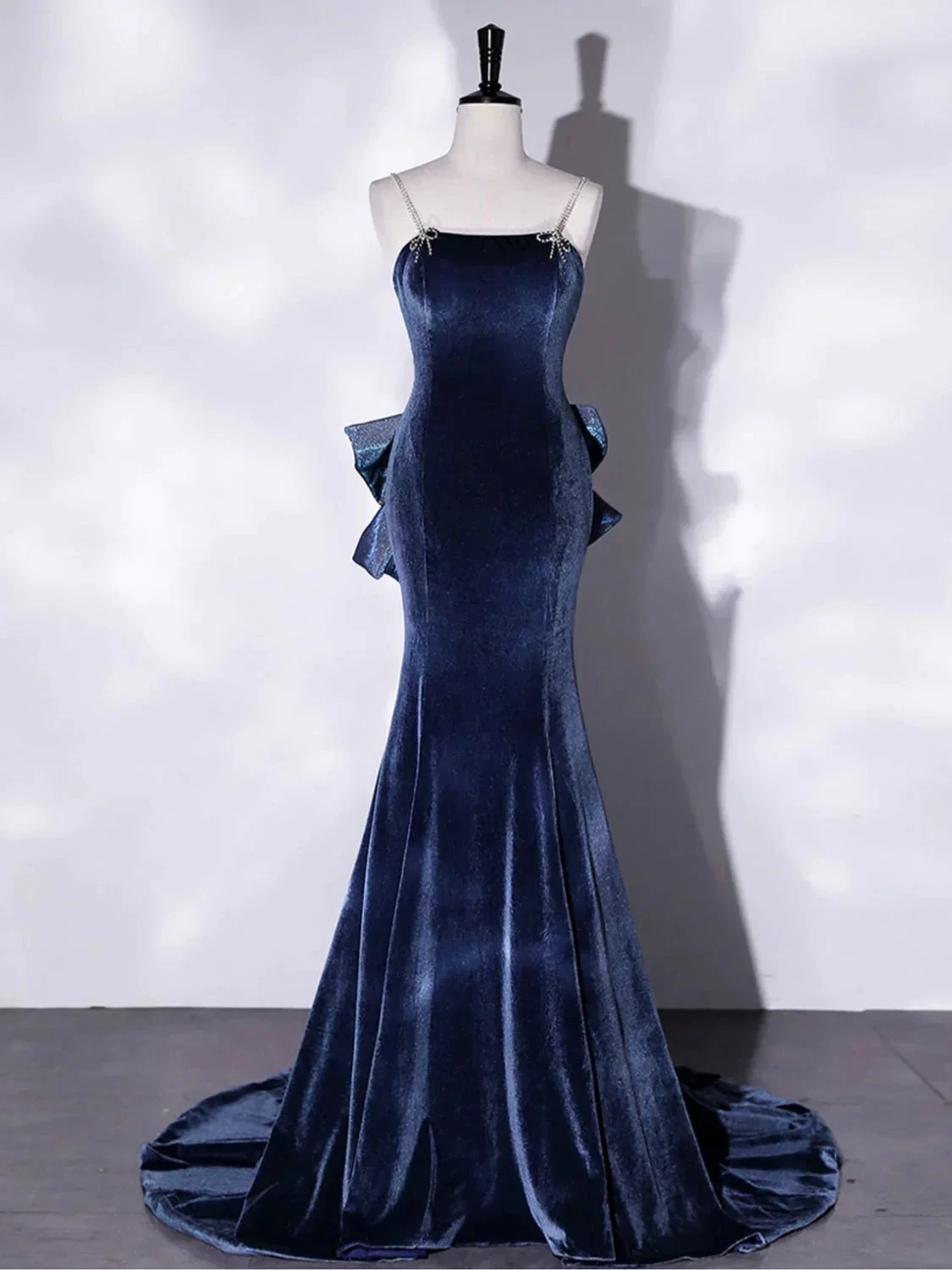 Mermaid Velvet Blue Long Prom Dresses Blue Velvet Long Evening Dress Y4387