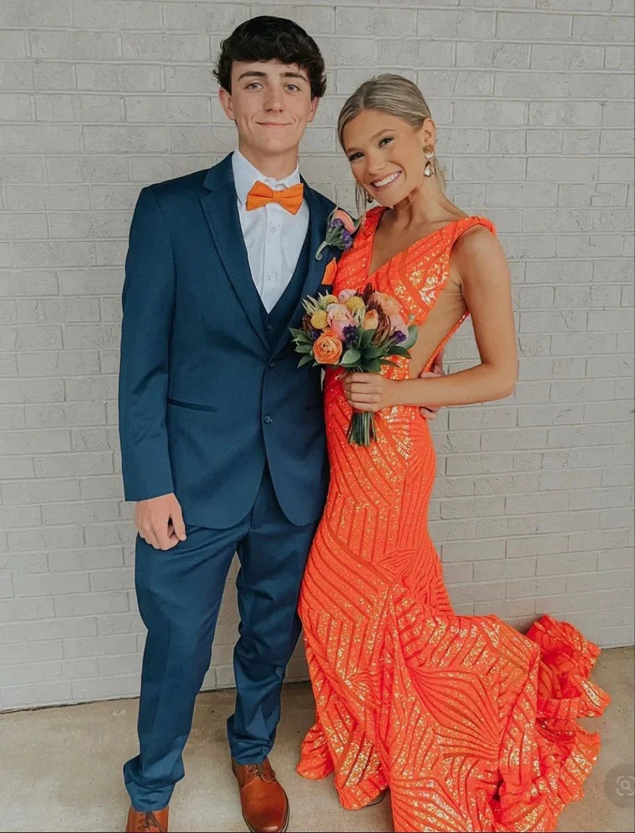 Elegant V Neck Sexy Sleeveless Mermaid Prom Dress Orange Evening Dress Y5188