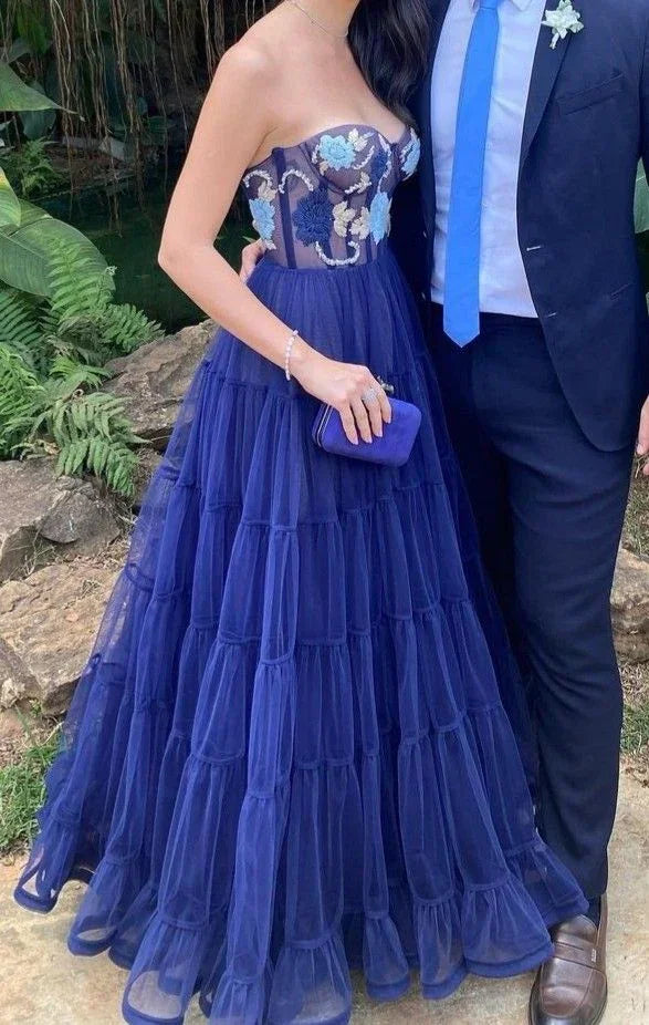 A Line Navy Blue Long Prom Dresses Popular Sweetheart Tulle Evening Dresses Y5378