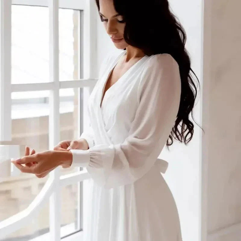 A Line Chiffon Wedding Dresses White Dresses Womens vestidos boda playa vestidos de boda Elopment Full Sleeve Simple