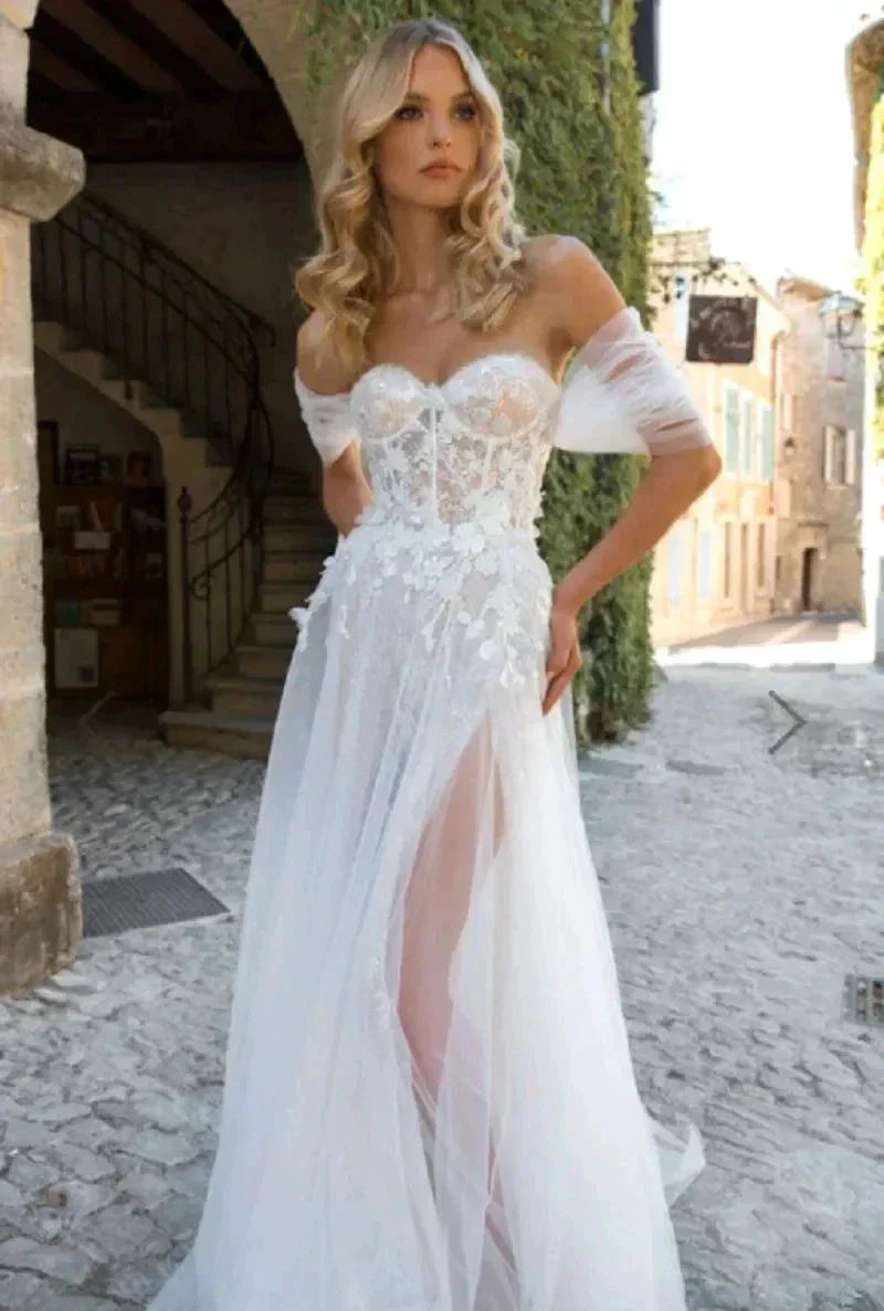 Lace Boho High Fork Wedding Dresses A Line Off The Shoulder Beach Sweetheart Bride Dresses Custom Made To Measures Floor Length