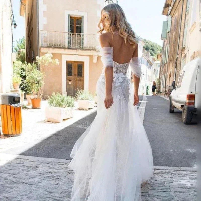 Lace Boho High Fork Wedding Dresses A Line Off The Shoulder Beach Sweetheart Bride Dresses Custom Made To Measures Floor Length