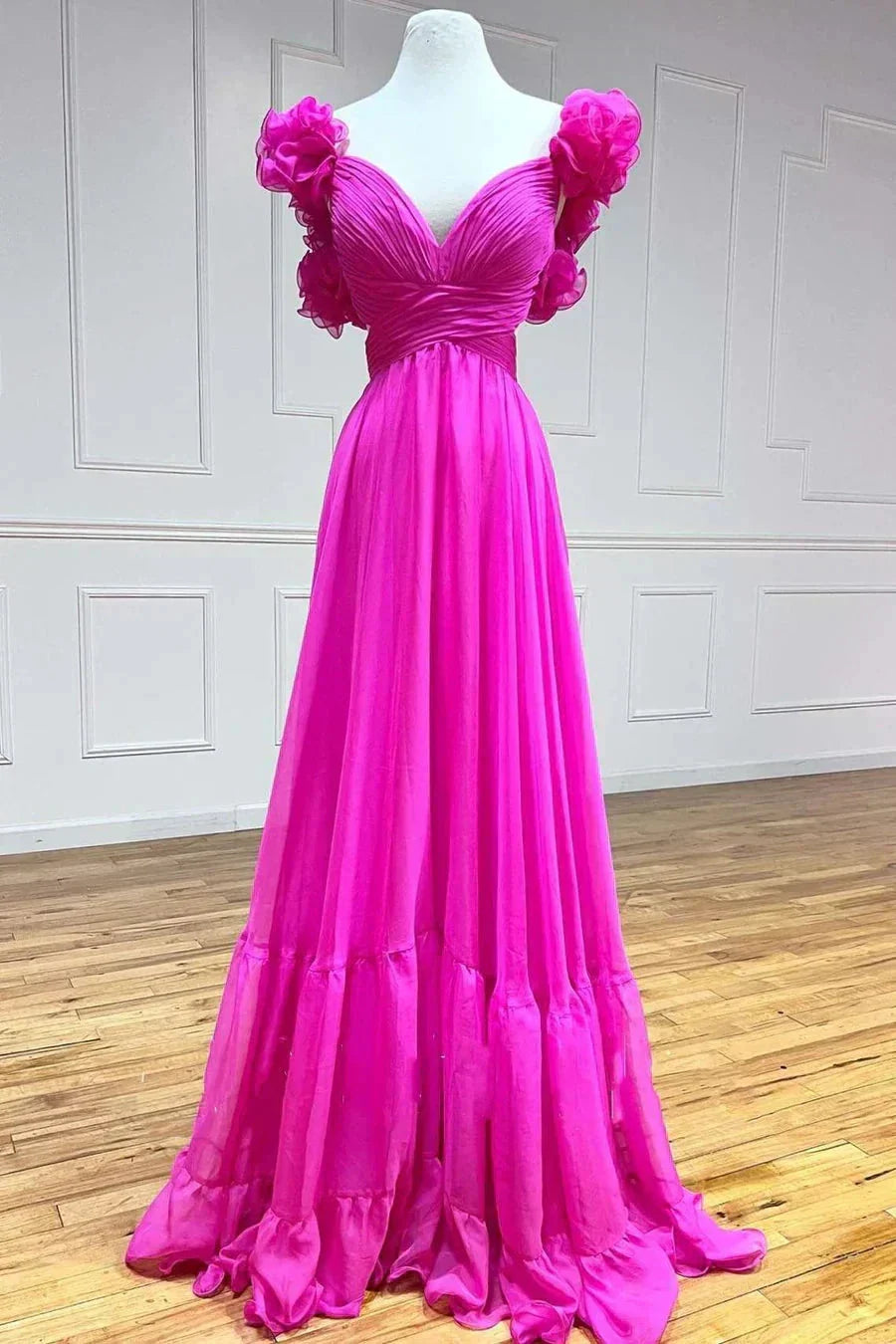 Lace-Up V-Neck Ruffle Pleated Long Prom Dress SYP180