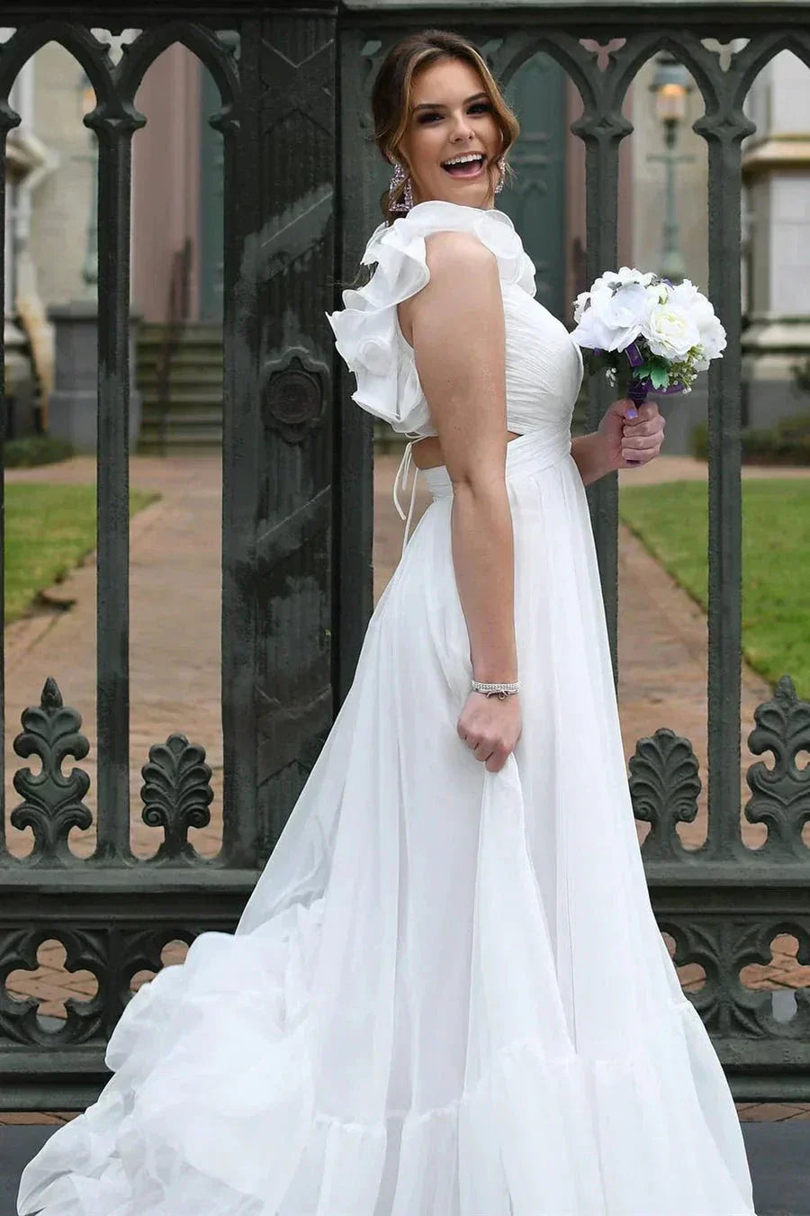 Lace-Up V-Neck Ruffle Pleated Long Prom Dress SYP180