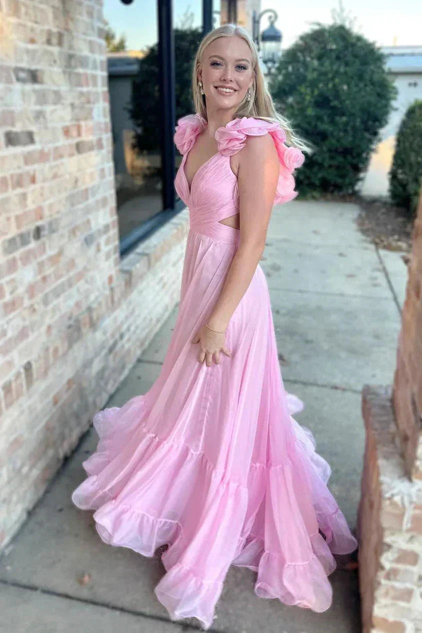 Lace-Up V-Neck Ruffle Pleated Long Prom Dress SYP180