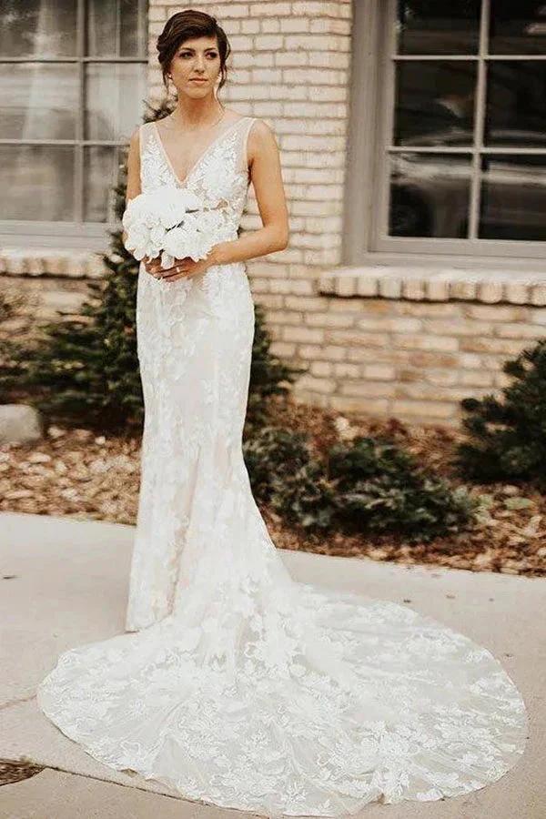 Lace Deep V-neck Bohemian Wedding Dress Mermaid Bridal Gown WD748