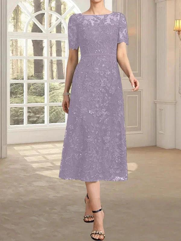 A-line Scoop Illusion Tea-Length Lace Mother of the Bride Dress With Sequins