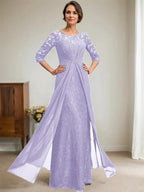 A-Line Scoop Illusion Floor-Length Lace Chiffon Mother Of the Bride Dress With Beading Ruffles
