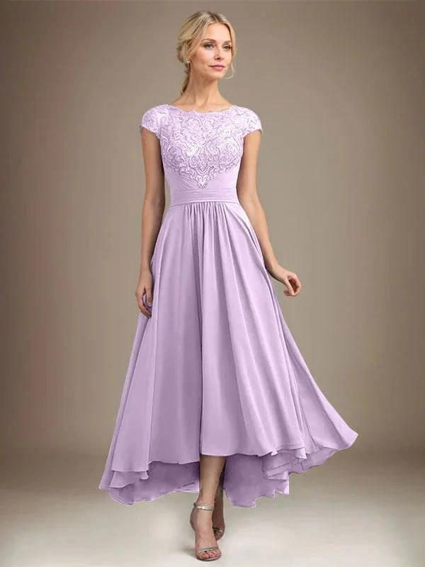 A-line Scoop Illusion Asymmetrical Lace Chiffon Mother of the Bride Dress With Pleated