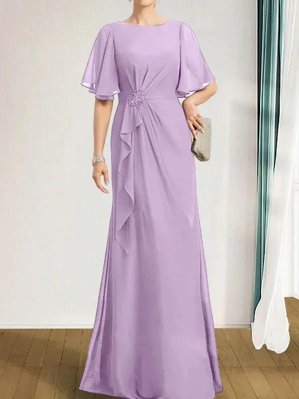 A-line Scoop Floor-Length Chiffon Mother of the Bride Dress With Cascading Ruffles Beading Sequins