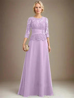 A-line Scoop Illusion Floor-Length Chiffon Lace Mother of the Bride Dress With Pleated Sequins Beading