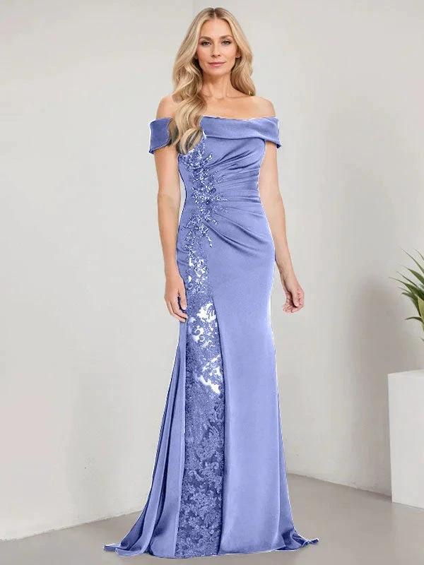 A-Line Off the Shoulder Floor-Length Mother of the Bride Dress Applique Beadings Mermaid Dress With  High Split