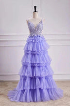 Lavender Plunging V Neck Floral Layers A-line Long Prom Dress PSK558