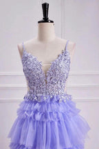Lavender Plunging V Neck Floral Layers A-line Long Prom Dress PSK558