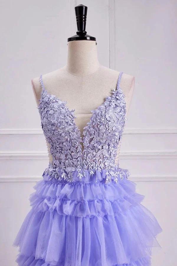 Lavender Plunging V Neck Floral Layers A-line Long Prom Dress PSK558