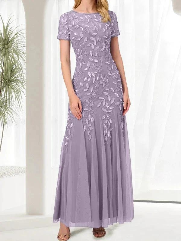 Blue Mermaid Round Neck Long Mother of the Bride Dress With Beadings
