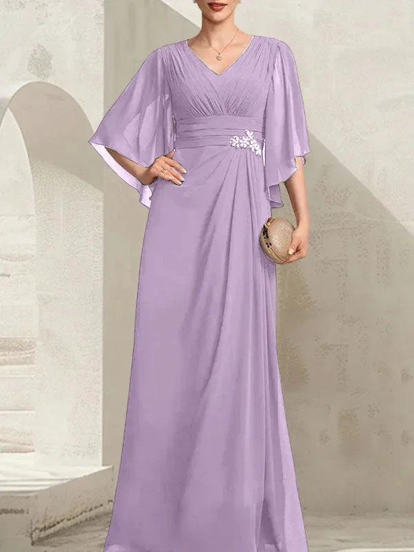 Sheath/Column V-Neck Floor-Length Chiffon Mother of the Bride Dress With Pleated Sequins Beading