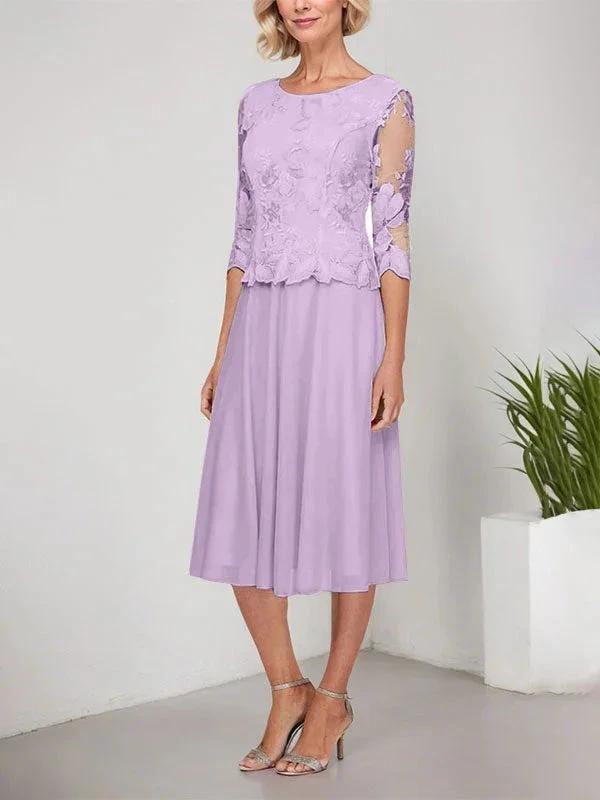 A-line Scoop Tea-Length Lace Chiffon Mother of the Bride Dress With Embroidery