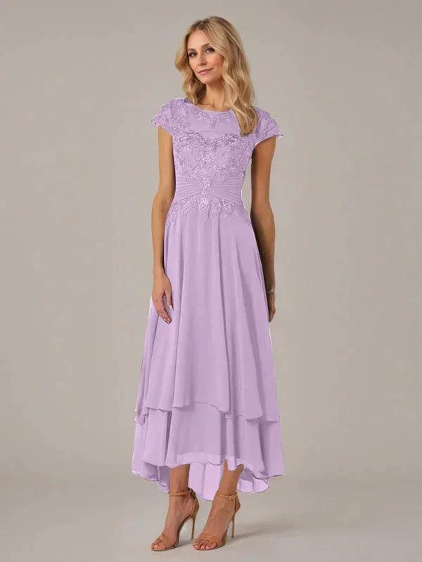 A-line Boat Neck Illusion Asymmetrical Chiffon Lace Mother of the Bride Dress With Applique Pleats