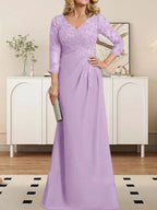 Sheath/Column V-Neck Illusion Floor-Length Lace Chiffon Mother of the Bride Dress With Pleated Sequins
