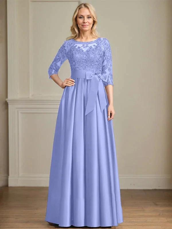 A-line Scoop Illusion Floor-Length Satin Lace Mother of the Bride Dress With Sequins Bow