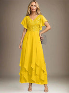 A-line V-Neck Ankle-Length Lace Chiffon Mother of the Bride Dress With Cascading Ruffles