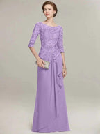 A-line Scoop Illusion Floor-Length Lace Chiffon Mother of the Bride Dress With Cascading Ruffles