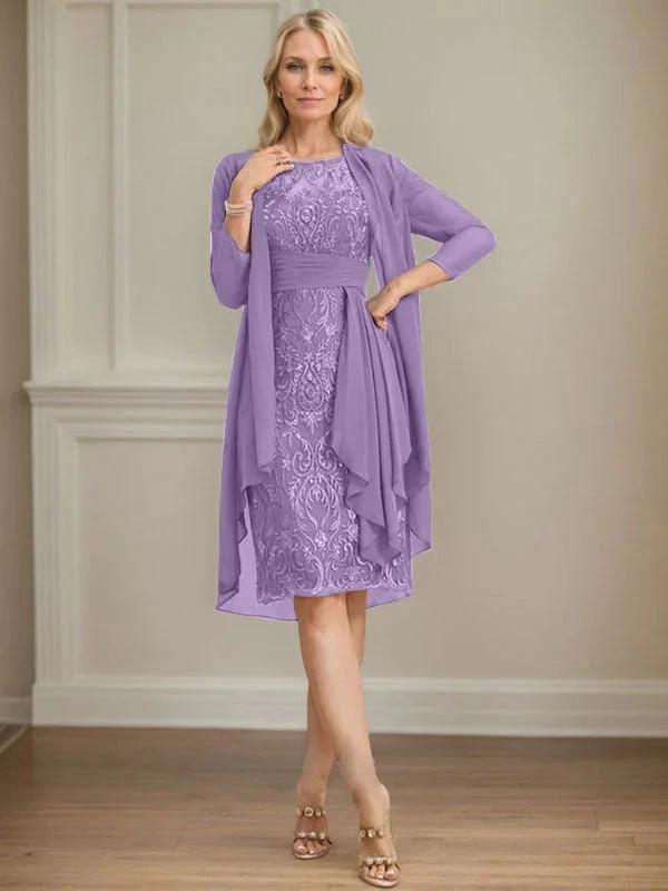 Sheath/Column Scoop Illusion Knee-Length Lace Chiffon Mother of the Bride Dress With Cascading Ruffles Sequins