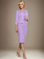 Sheath/Column Scoop Knee-Length Chiffon Lace Mother of the Bride Dress With Beading