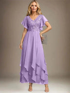 A-line V-Neck Ankle-Length Lace Chiffon Mother of the Bride Dress With Cascading Ruffles