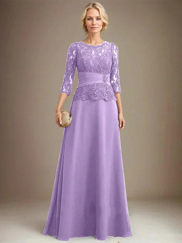 A-line Scoop Illusion Floor-Length Chiffon Lace Mother of the Bride Dress With Pleated Sequins Beading