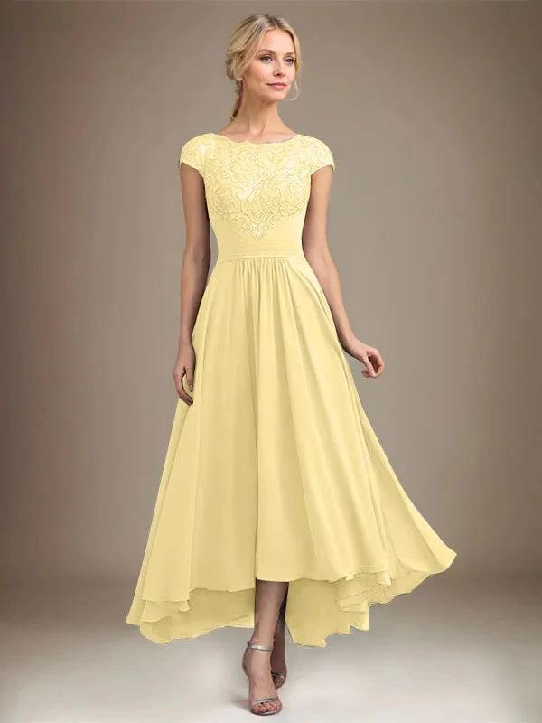 A-line Scoop Illusion Asymmetrical Lace Chiffon Mother of the Bride Dress With Pleated