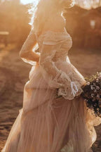 Light Brown Long Sleeve Boho Wedding Dress Rustic Wedding Dress WD741